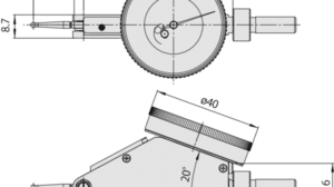 Diagram with Dimensions of Mitutoyo Lever Dial Test Indicator Horizontal 20° (Inch) - Tilted Face