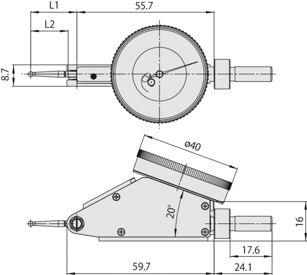 Diagram with Dimensions of Mitutoyo Lever Dial Test Indicator Horizontal 20° (Inch) - Tilted Face