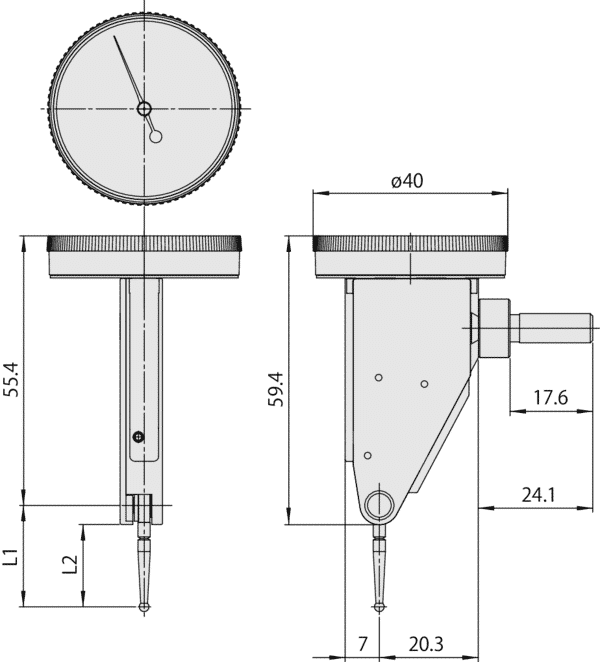 Diagram with Dimensions for Mitutoyo Vertical Dial Test Indicator (Inch) Lever Type