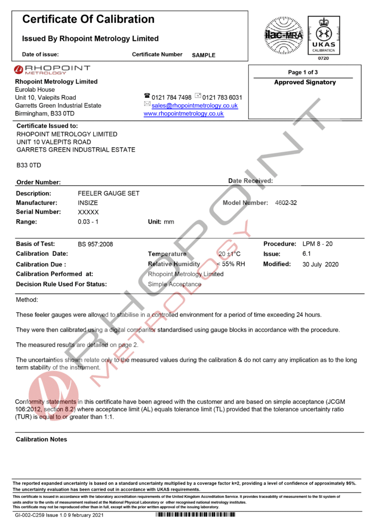 Rhopoint Metrology sample of UKAS calibration certificate for feeler gauge page 1 of 3