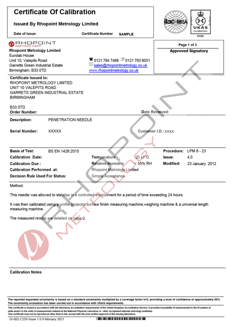 Rhopoint Metrology sample calibration certificate for penetration needles page 1 of 3
