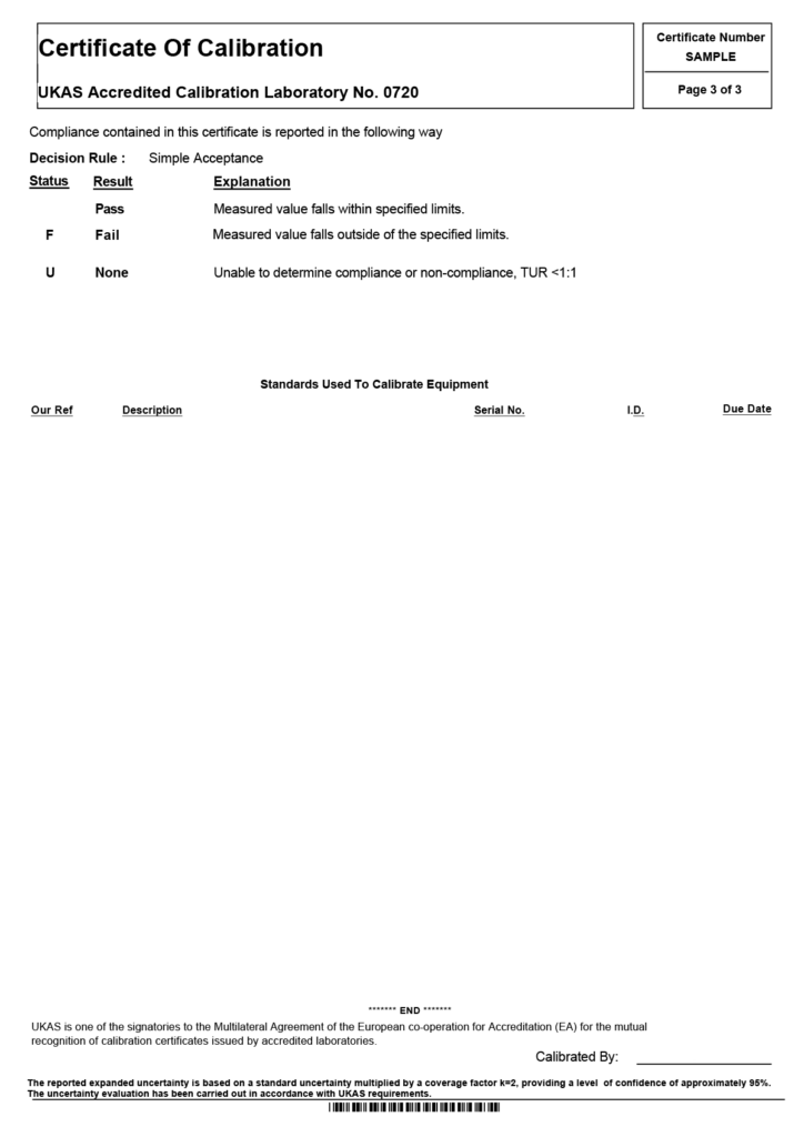 Rhopoint Metrology sample calibration certificate for penetration needles page 3 of 3
