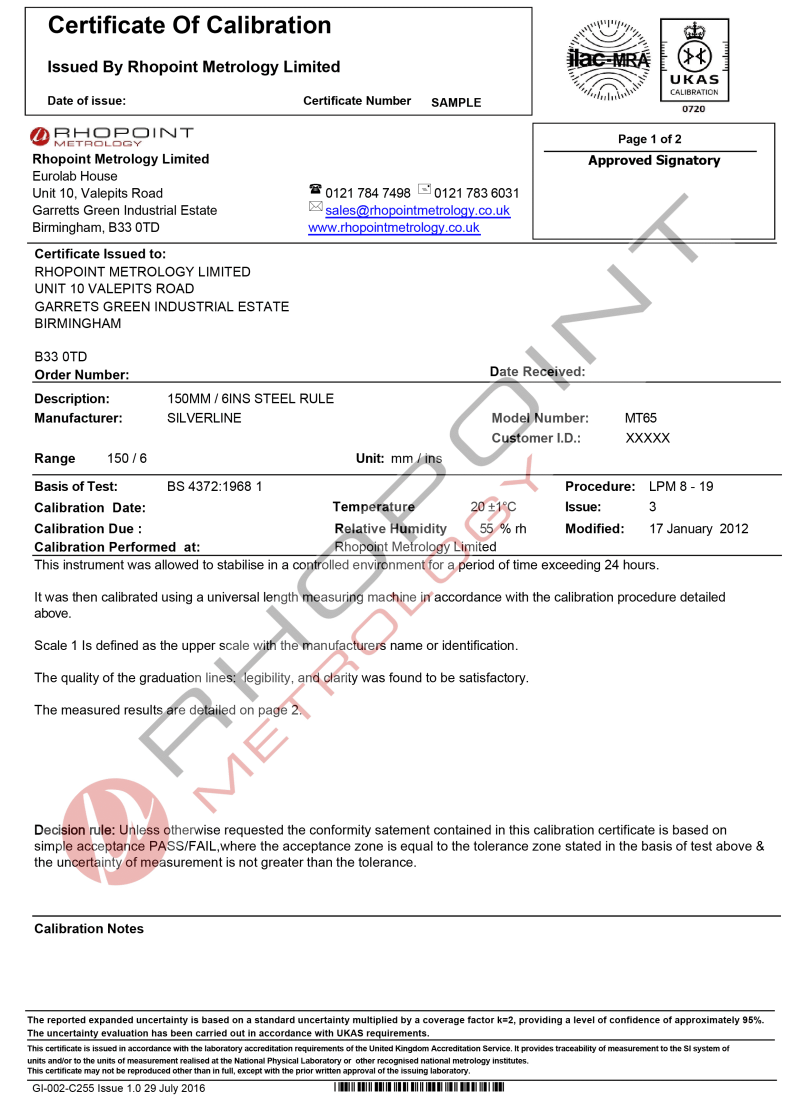 steel-rule-calibration-cert-page-1 Rhopoint Metrology sample calibration certificate for engineers steel rule page 1 of 2